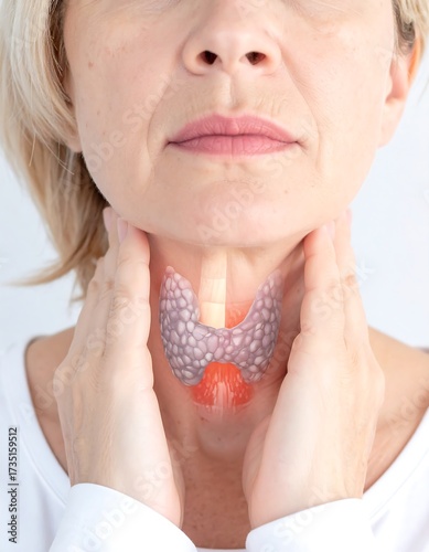 Close-up of a woman examining her thyroid