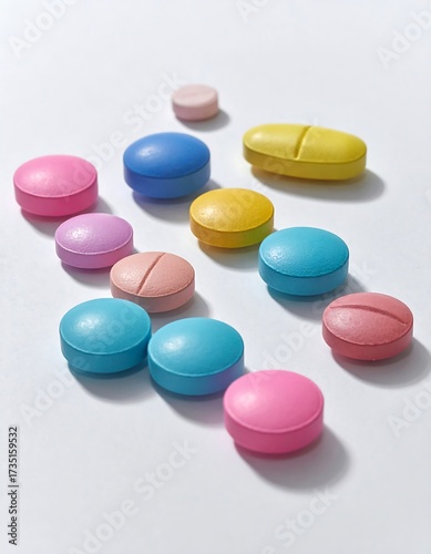 Colorful pills arranged on a white surface