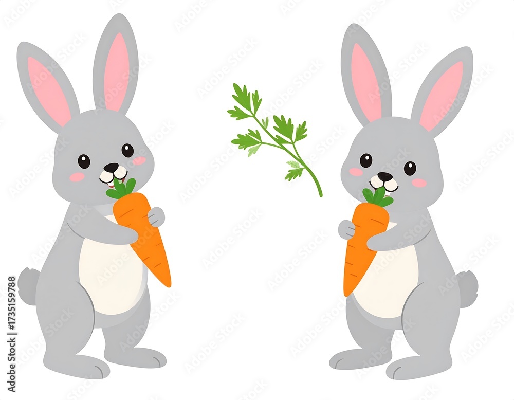 Fototapeta premium Two cartoon rabbits holding carrots