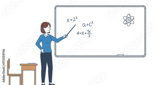 Animated illustration of a teacher explaining mathematical equations on a whiteboard, ideal for educational presentations and online learning materials.