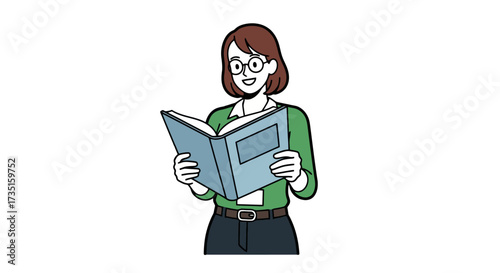 Illustrated Woman Reading a Book with Enthusiasm and Intellectual Engagement, Suitable for Educational Material and Promoting Literacy Initiatives.