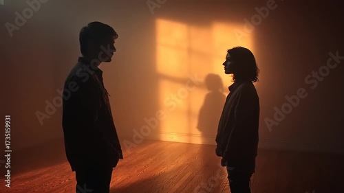 Two individuals engage in a deep conversation in a dimly lit room with warm sunlight casting shadows