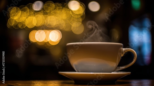 pause. A close-up view of a coffee cup with steam rising, set against a blurred, cozy backdrop. bar promotions, beverage menus, designed for food & beverage menus and cafe branding.