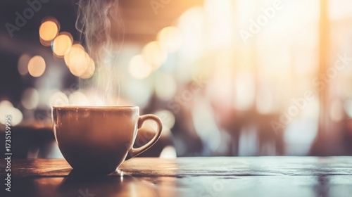 pause. A close-up view of a coffee cup with steam rising, set against a blurred, cozy backdrop. bar promotions, beverage menus, designed for food & beverage menus and cafe branding.