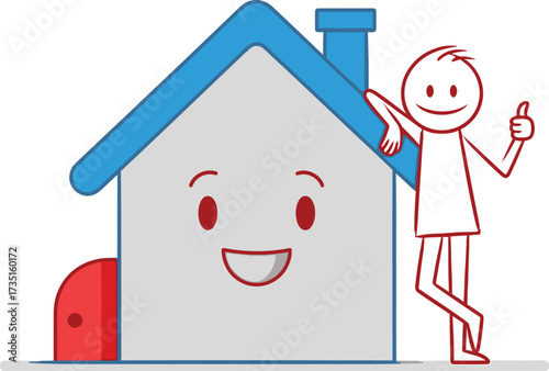 Cartoon house with smiling face and stick figure giving thumbs up