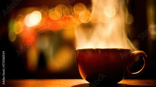 pause. A close-up view of a coffee cup with steam rising, set against a blurred, cozy backdrop. bar promotions, beverage menus, designed for food & beverage menus and cafe branding.