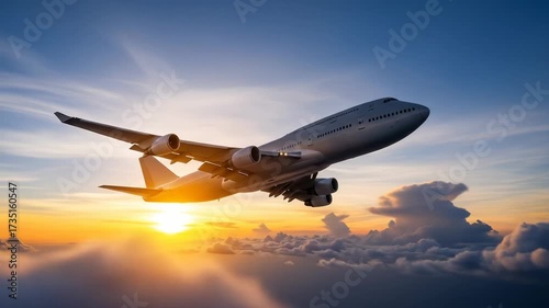 A passenger jet in flight cuts across the sky at sunset, its silhouette against the vibrant clouds