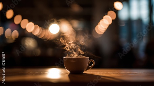 pause. A close-up view of a coffee cup with steam rising, set against a blurred, cozy backdrop. bar promotions, beverage menus, designed for food & beverage menus and cafe branding.