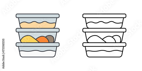 Meal prep containers stacked with food portions, perfect for healthy eating design, nutrition planning, and kitchen organization graphics.