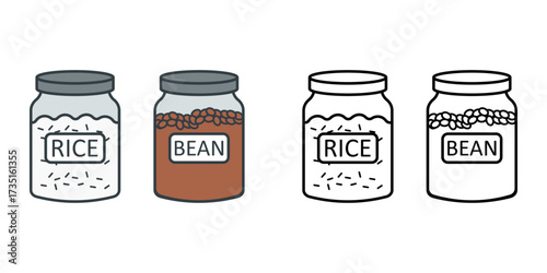 Storage jars filled with rice and beans, perfect for kitchen organization graphics, food preservation design, and pantry illustration.