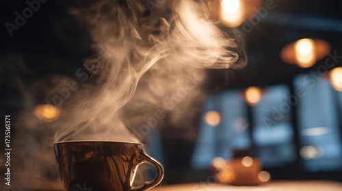 pause. A close-up view of a coffee cup with steam rising, set against a blurred, cozy backdrop. bar promotions, beverage menus, designed for food & beverage menus and cafe branding.