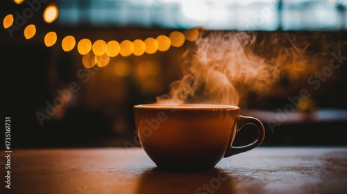 pause. A close-up view of a coffee cup with steam rising, set against a blurred, cozy backdrop. bar promotions, beverage menus, designed for food & beverage menus and cafe branding.