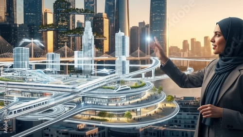 Futuristic city planning innovation showcased by an arab professional woman