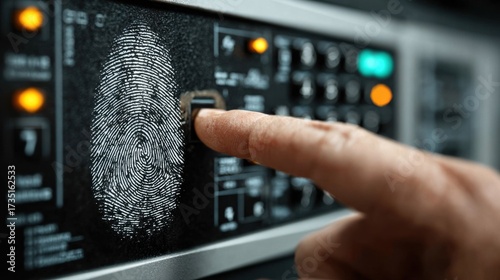 Fingerprint Security: A close-up shot focuses on a finger pressing a button, highlighting the concept of secure access and data protection, suggesting technological advancements.