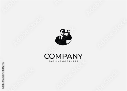 Businessman with binoculars icon, abstract black silhouette symbol, vision exploration concept, leadership and future search illustration, minimal corporate observation design.
