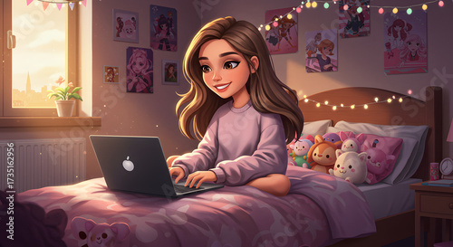 Cartoon Teen girl Using Laptop on Bed at Home