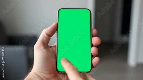 A person's hand holding a modern smartphone with a green chroma key screen, with a finger tapping the display.