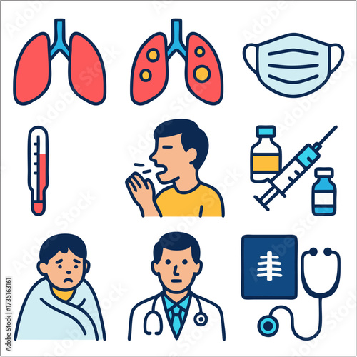 Flat Icon Set, World Pneumonia Day Medical Icons for Awareness & Healthcare