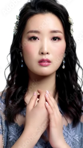 A serene woman in an elegant blue lace dress with delicate jewelry, looking directly at the camera