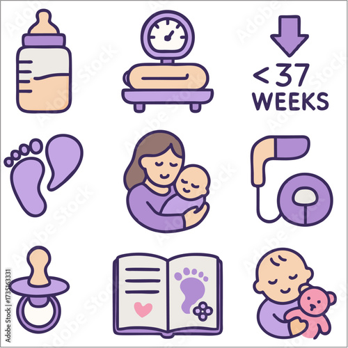 Flat Icon Set, World Prematurity Day Neonatal Care & Awareness Icons 