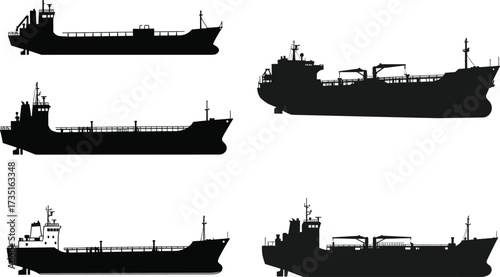 Cargo ship silhouettes, container vessels, freight transport boats, ocean shipping vessels, maritime industry ships, nautical silhouettes, international cargo, harbor transport illustrationCargo ship 