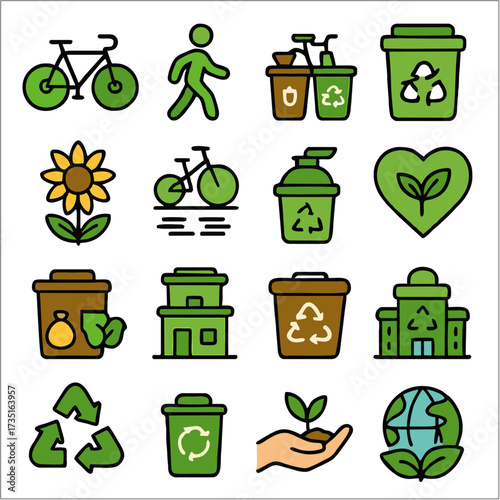 Flat Icon Set, Sustainable, Eco-Friendly & Renewable Energy Symbols