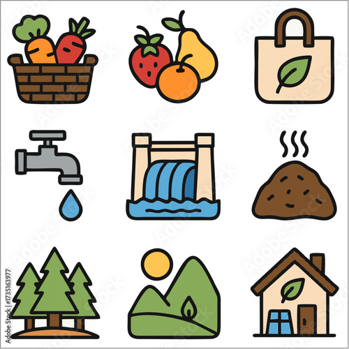 Flat Icon Set, Sustainable, Eco-Friendly & Renewable Energy Symbols