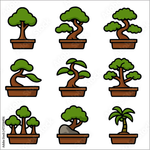 Flat Icon Set, Bonsai, Miniature Trees & Zen Garden Symbols