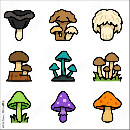 Flat Icon Set, Mushroom, Fungi & Nature Symbols