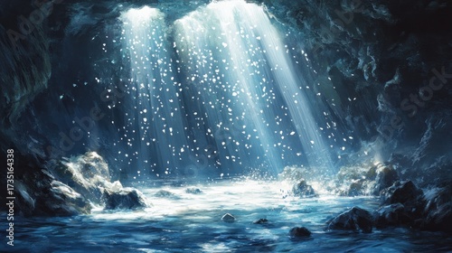 Sunbeams penetrating deep ocean water, illuminating a scattering of marine snow falling towards a dark abyssal cave.