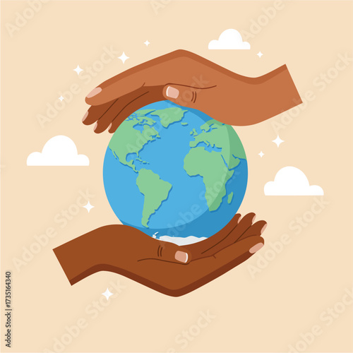 Two brown hands gently cradling a blue and green globe, representing global care.