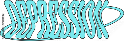 Wavy Blue 'Depression' Word Illustration. Mental Health Concept, Sadness, Psychological Distress, Emotional State Graphic