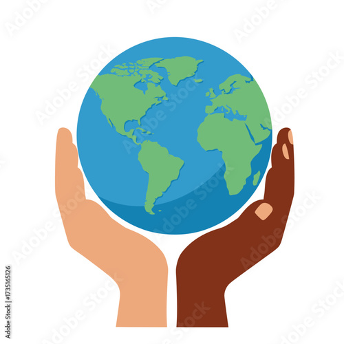 Two hands, one light and one dark, cradling a stylized globe, representing diversity and unity.