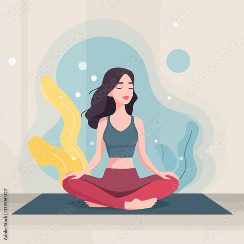 Flat vector clean minimal illustration of young woman practicing yoga lotus pose meditation on mat for calm health spiritual balance lifestyle