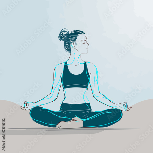 Flat minimal clean design vector illustration of young woman in lotus pose yoga mat meditation concept for peace balance health and relaxation