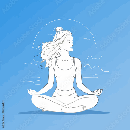 Flat clean vector illustration of young woman practicing yoga lotus pose on mat for meditation relaxation spiritual balance and wellness
