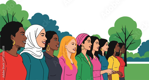 Empowered diverse women united in harmony, walking together towards a brighter future, celebrating strength and sisterhood in a vibrant outdoor setting