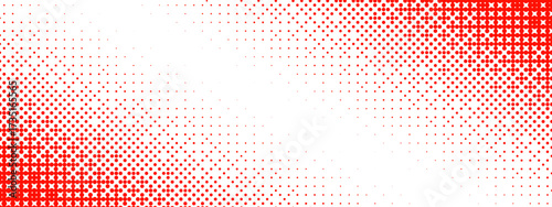 Red bitmap gradient texture. Corner dotted dither halftone background. Fading pixel 8 bit gradation pattern. Rasterized video game halfton patern. Vector vanishing comic pop art overlay backdrop