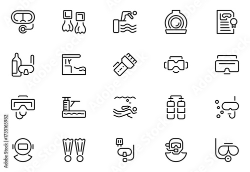 Diving line icon set. Related to dive, pool, swimwear, swimmer and more. Set of line pictogram. Swimming simple icon set. Thin outline icons pack. Vector illustration