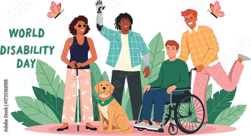 Celebrate World Disability Day with diverse people and guide dog promoting inclusivity and awareness in a modern, vibrant illustration for equality