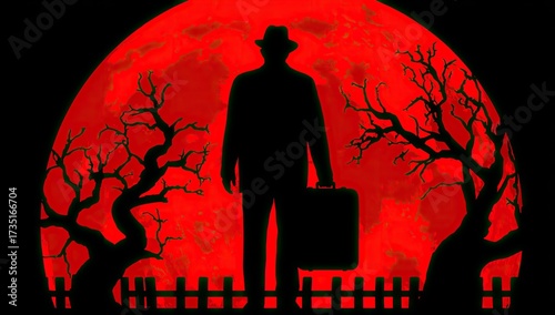 Silhouette of a person with a suitcase under a blood red moon and barren trees.