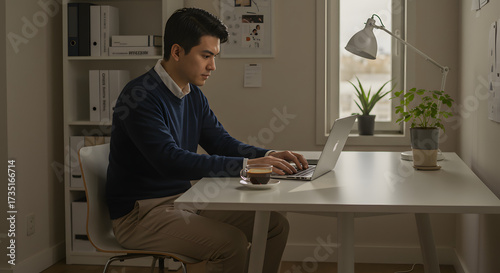 Young Man Works on Laptop At Home Office