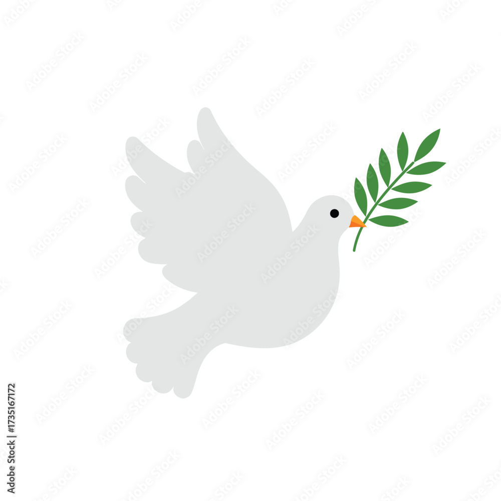 Obraz premium White dove in flight holding a green olive branch in its beak, symbolizing peace and hope.