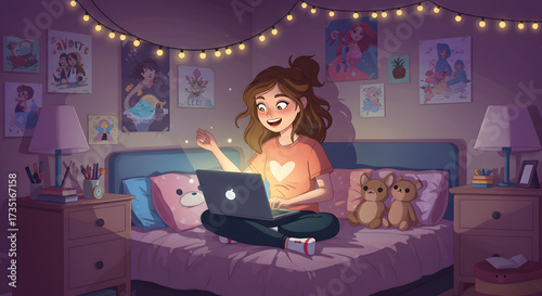 Girl uses laptop sitting on a bed at night