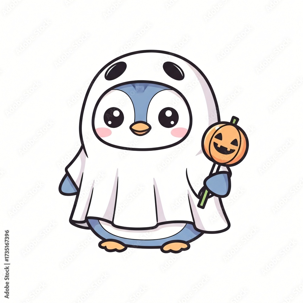 Fototapeta premium An adorable cartoon penguin character wearing a white ghost costume holding a cheerful jack o' lantern lollipop