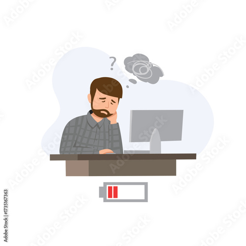 Vector illustration of tired businessman working on laptop with low battery energy exhaustion office stress concept
