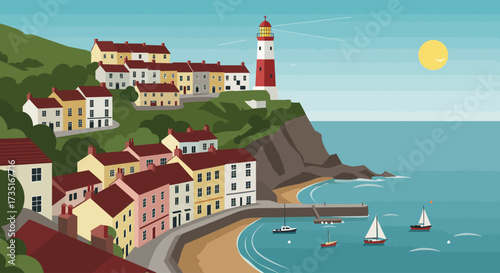 A charming flat design illustration of an English coastal town, showcasing a lighthouse on a cliff, colorful terraced houses, and a peaceful harbor with boats. 