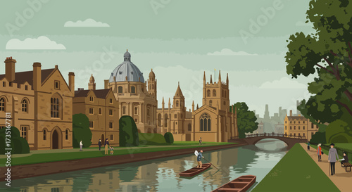 A serene flat design landscape illustrating an iconic English university city, featuring historic college buildings, a punt on the river, and tree-lined paths. 