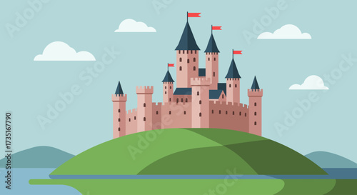 A minimalist flat design illustration of an ancient English castle, featuring simplified turrets and battlements on a hill with a surrounding moat. 