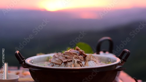 Pork BBQ with mountain view, Pork BBQ dinner with mountain view, cooking and eating Moo Kata, Thai barbecue grill pork with mountain view
